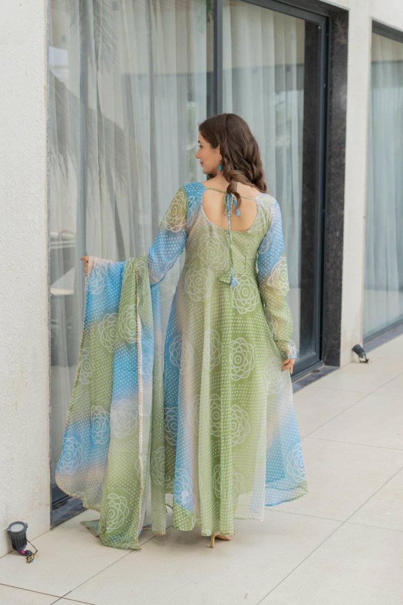 Bandhani Print Organza Silk Anarkali Gown With Pant & Duppatta - 001FASHIONFORWARD