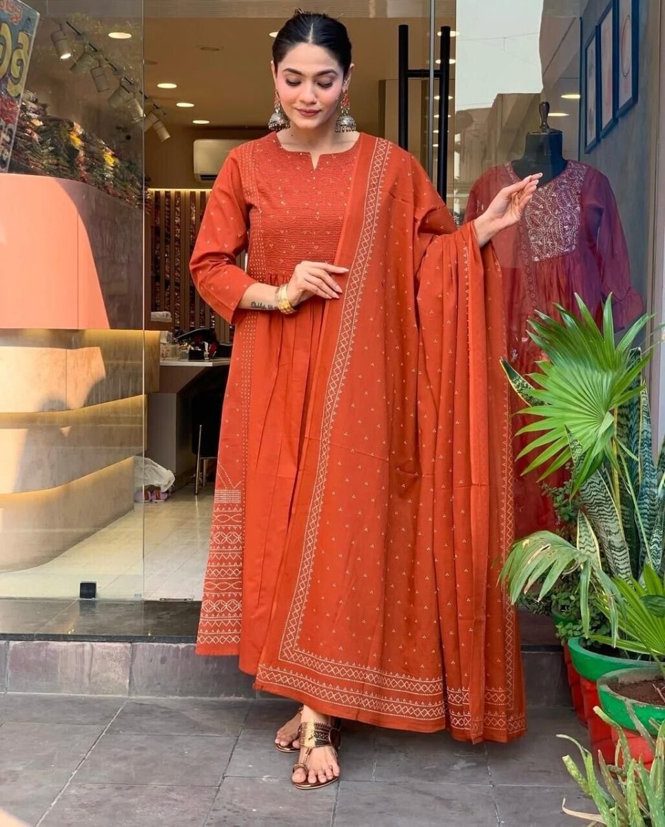 Beautiful Orange Anarkali Flared Long Gown – Indian Designer Salwar Kameez - 001FASHIONFORWARD