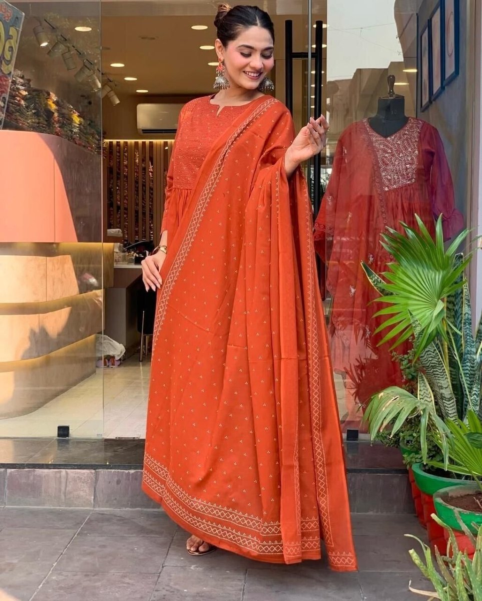 Beautiful Orange Anarkali Flared Long Gown – Indian Designer Salwar Kameez - 001FASHIONFORWARD