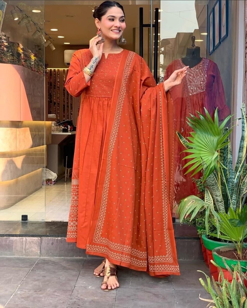 Beautiful Orange Anarkali Flared Long Gown – Indian Designer Salwar Kameez - 001FASHIONFORWARD