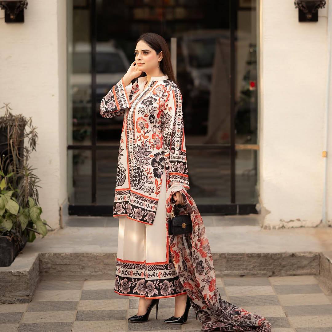 Beige & Bronze Digital Printed Designer Farsi Suit WIth Chiffon Duppatta Suit set - 001FASHIONFORWARD