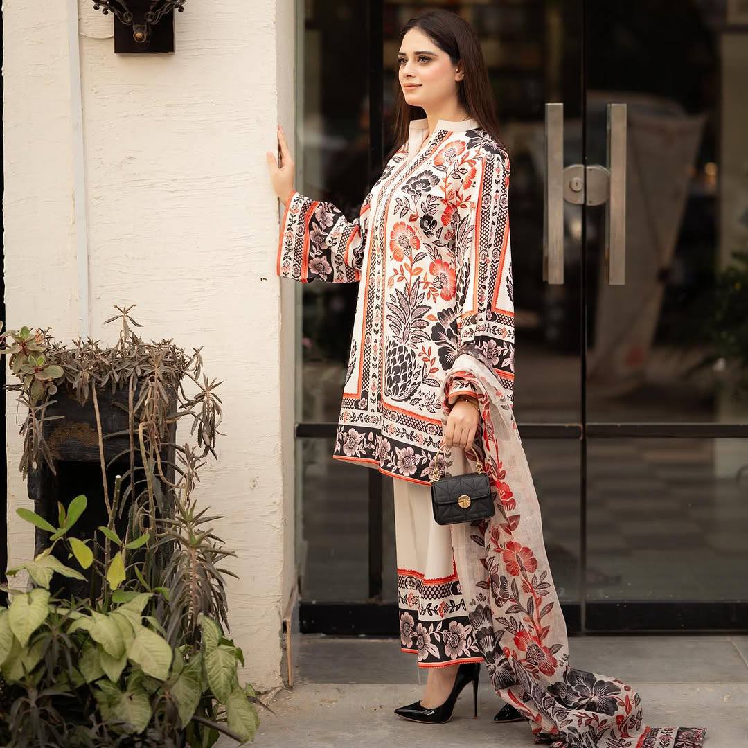 Beige & Bronze Digital Printed Designer Farsi Suit WIth Chiffon Duppatta Suit set - 001FASHIONFORWARD