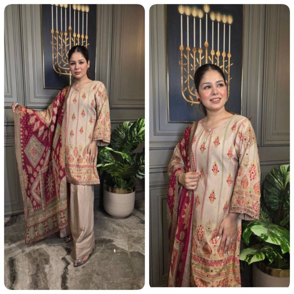 Beige & red Salwar Kameez Suit Gharara Pant WIth Sequence Coding Work - 001FASHIONFORWARD