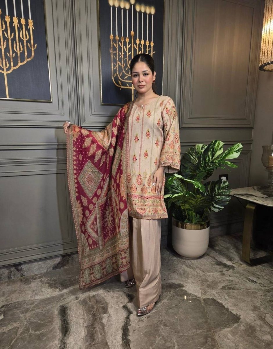 Beige & red Salwar Kameez Suit Gharara Pant WIth Sequence Coding Work - 001FASHIONFORWARD
