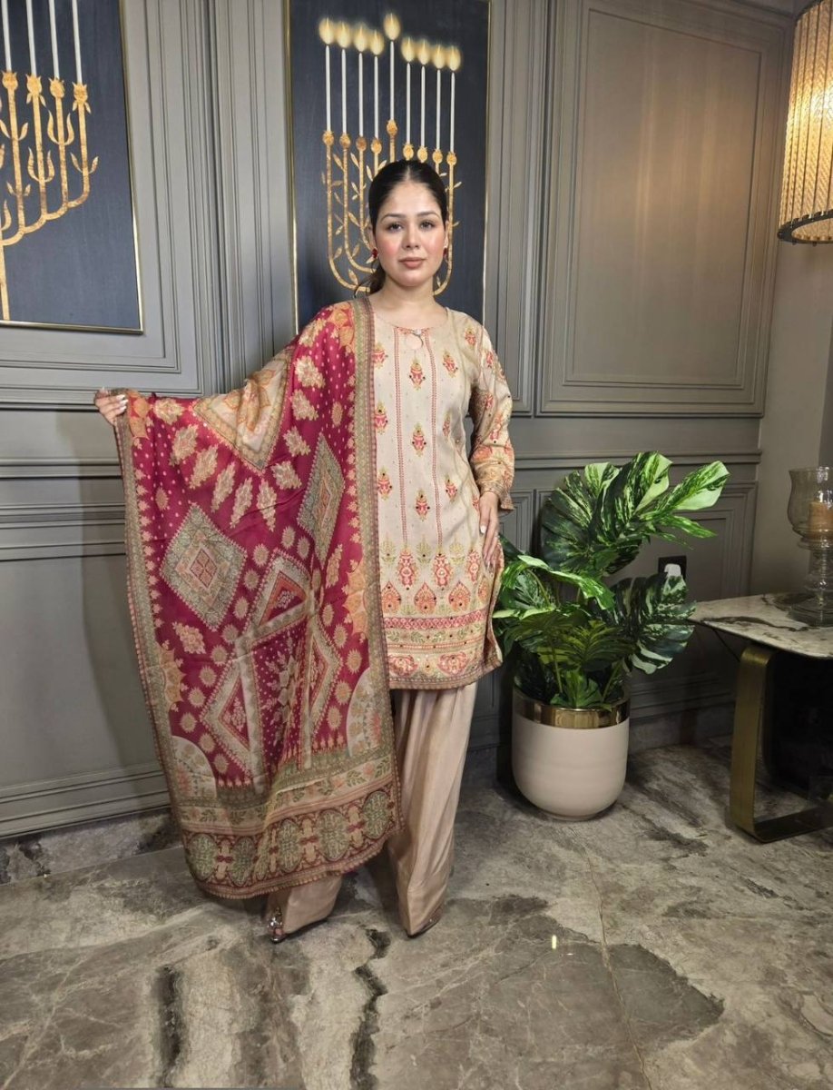 Beige & red Salwar Kameez Suit Gharara Pant WIth Sequence Coding Work - 001FASHIONFORWARD