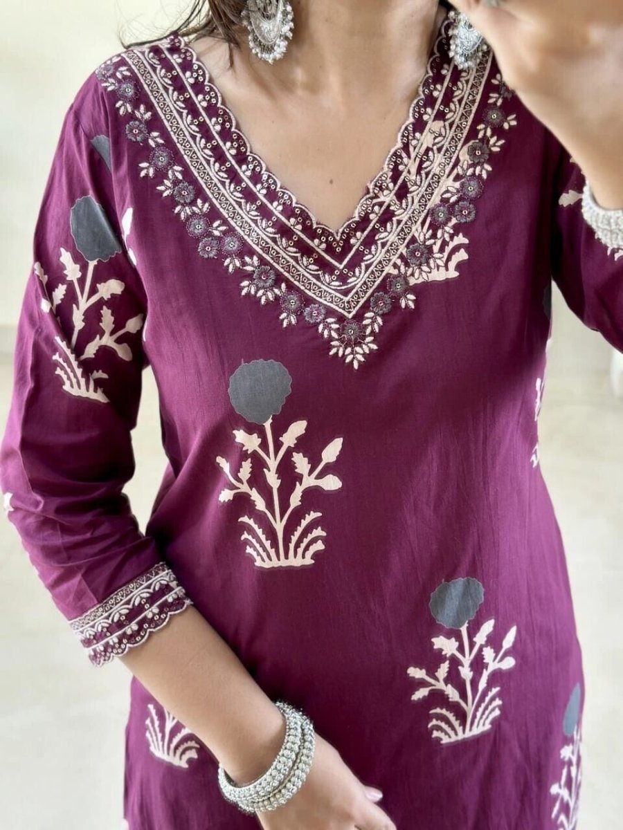 Black Cotton A - line suit salwar kameez set Embroidery – 3 - Piece Ensemble v neck - 001FASHIONFORWARD