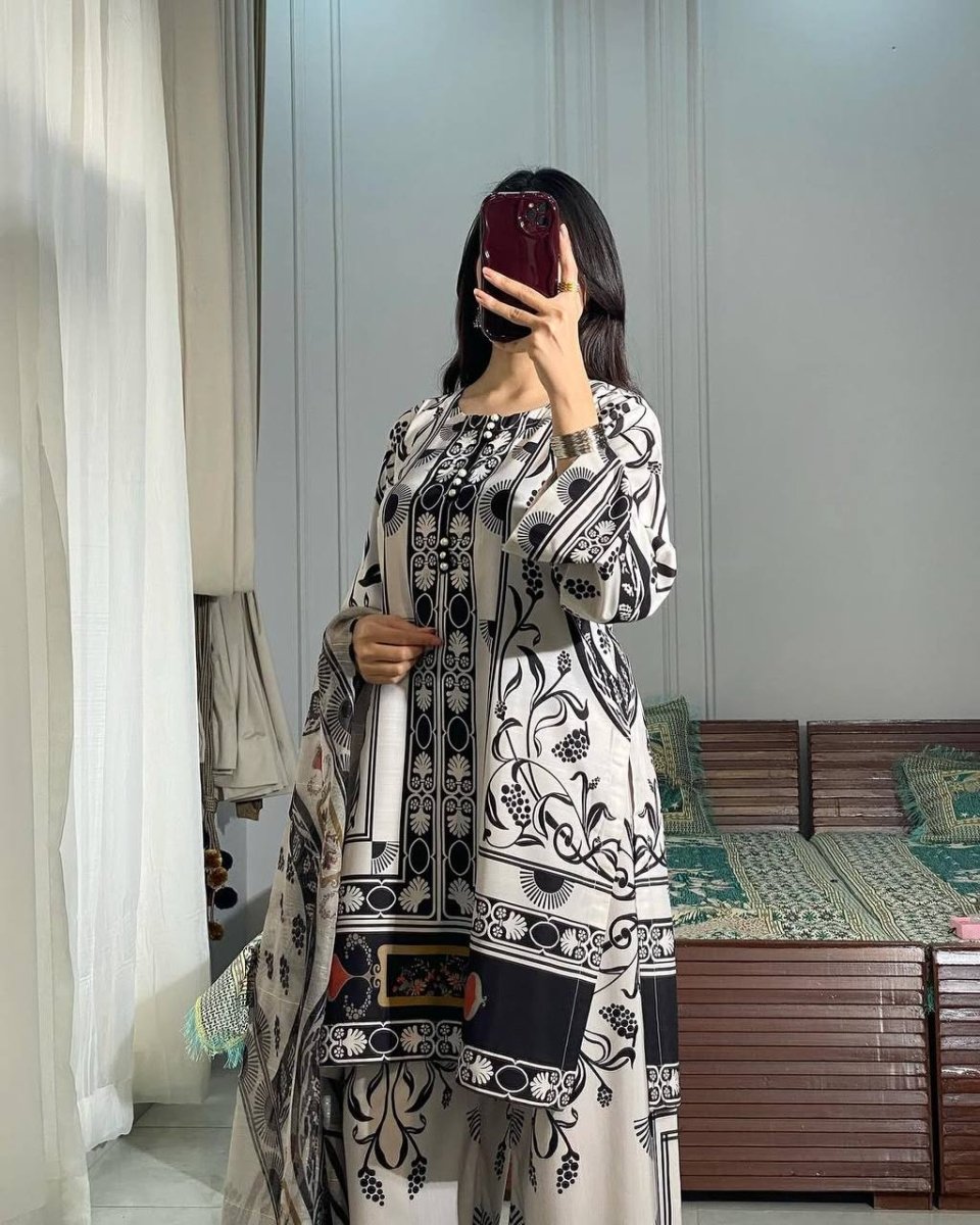 Black & White Designer Farsi Salwar Suit WIth Chiffon Duppatta Suit set - 001FASHIONFORWARD