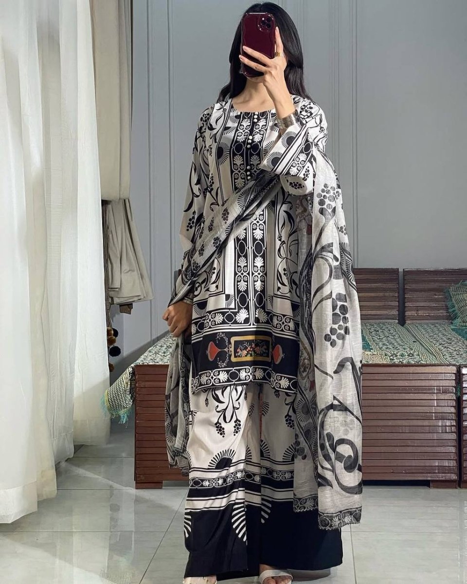 Black & White Designer Farsi Salwar Suit WIth Chiffon Duppatta Suit set - 001FASHIONFORWARD
