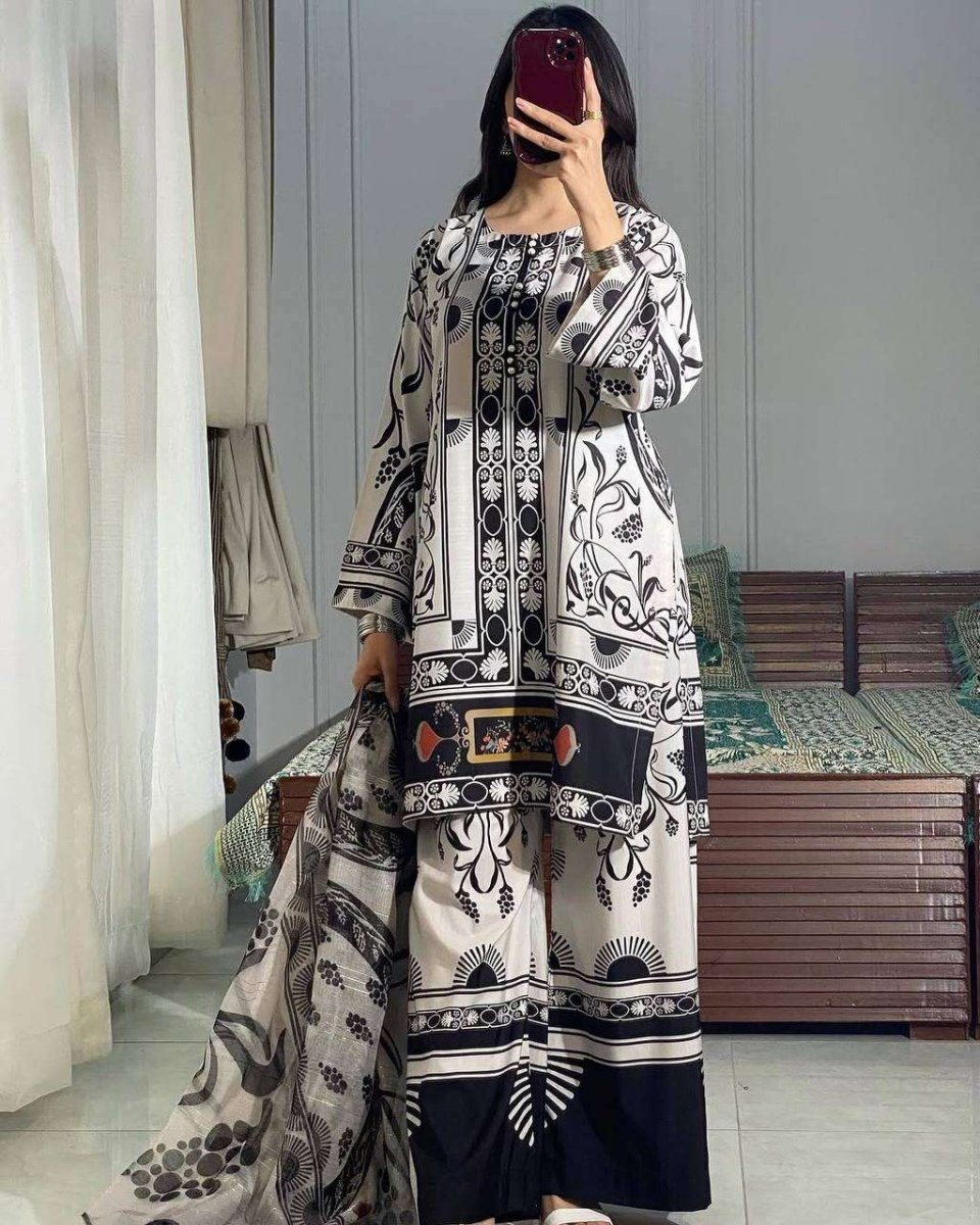 Black & White Designer Farsi Salwar Suit WIth Chiffon Duppatta Suit set - 001FASHIONFORWARD