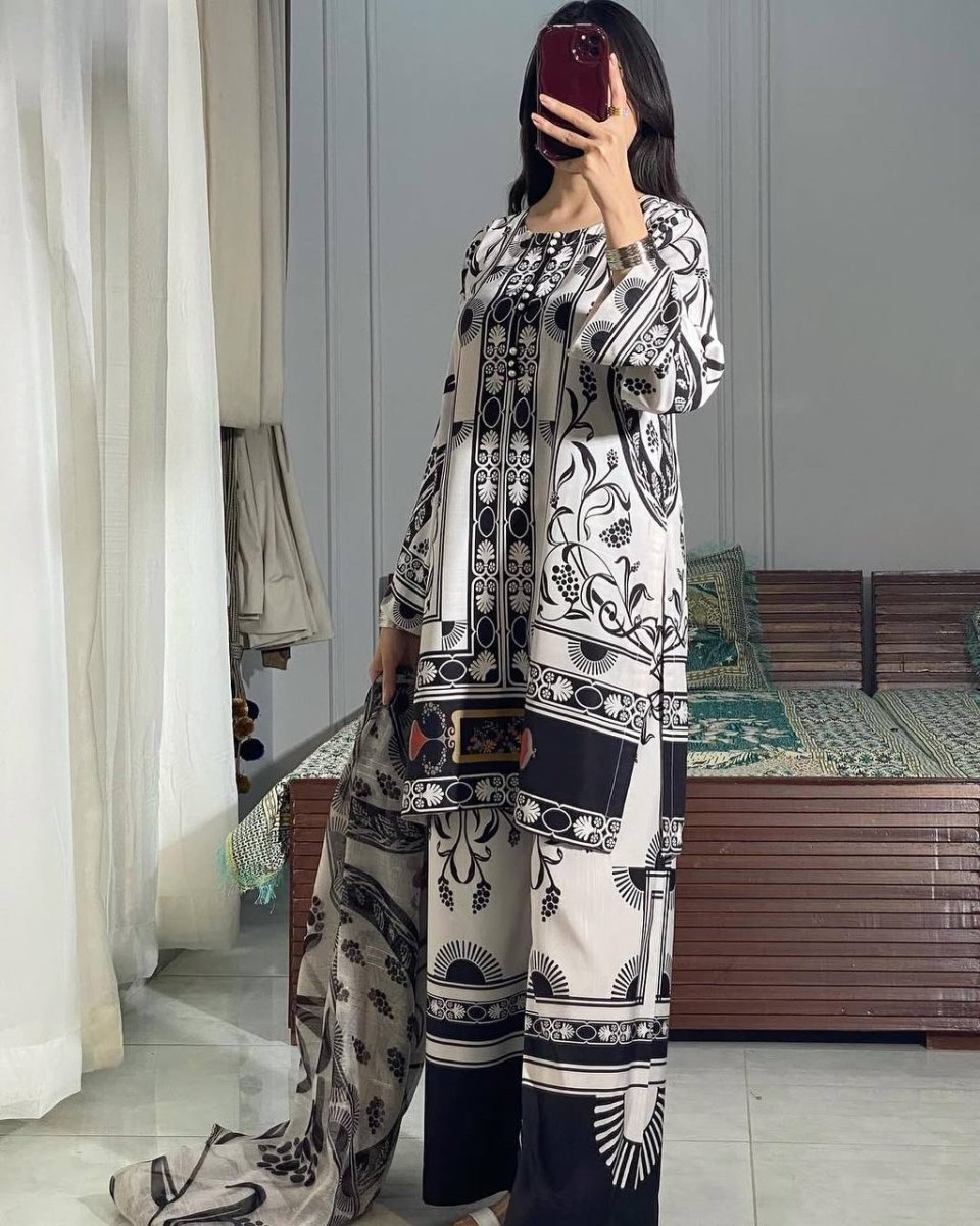Black & White Designer Farsi Salwar Suit WIth Chiffon Duppatta Suit set - 001FASHIONFORWARD