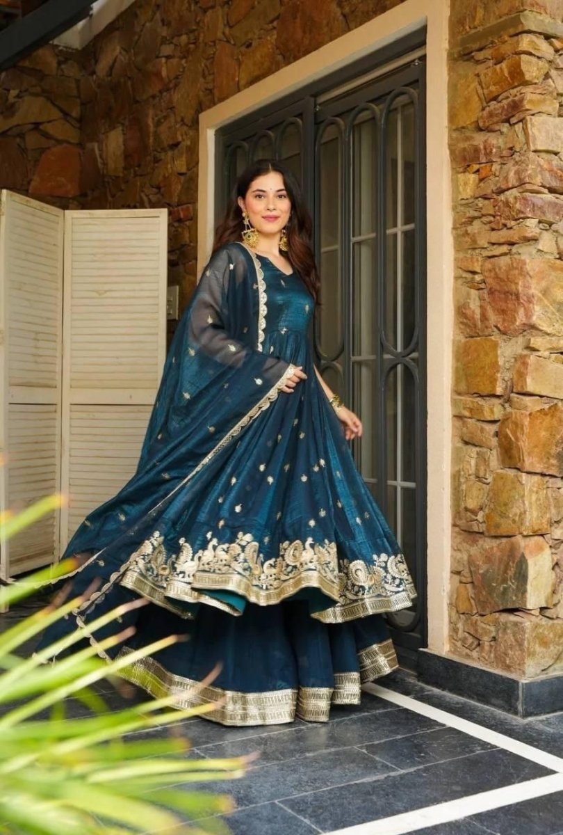 Blue Anrakali Gown & Sharara Combo Suit With Sequence Embroidery And lace Work - 001FASHIONFORWARD