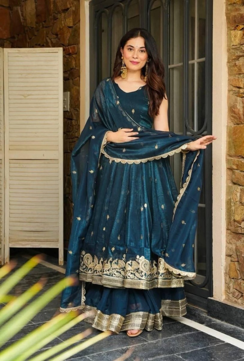 Blue Anrakali Gown & Sharara Combo Suit With Sequence Embroidery And lace Work - 001FASHIONFORWARD