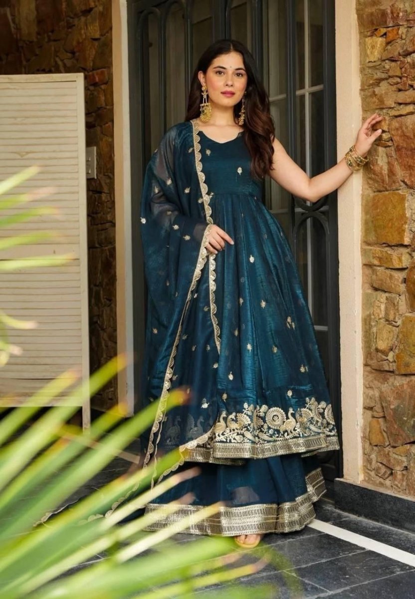 Blue Anrakali Gown & Sharara Combo Suit With Sequence Embroidery And lace Work - 001FASHIONFORWARD