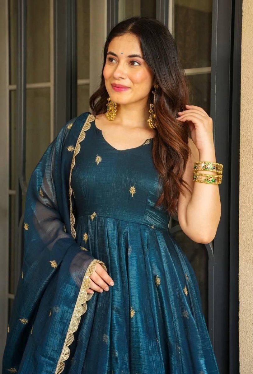 Blue Anrakali Gown & Sharara Combo Suit With Sequence Embroidery And lace Work - 001FASHIONFORWARD