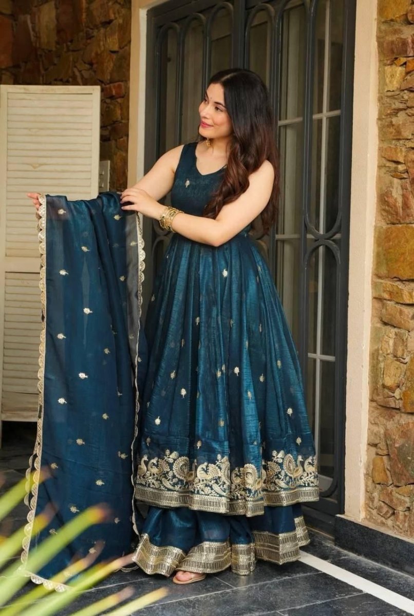 Blue Anrakali Gown & Sharara Combo Suit With Sequence Embroidery And lace Work - 001FASHIONFORWARD