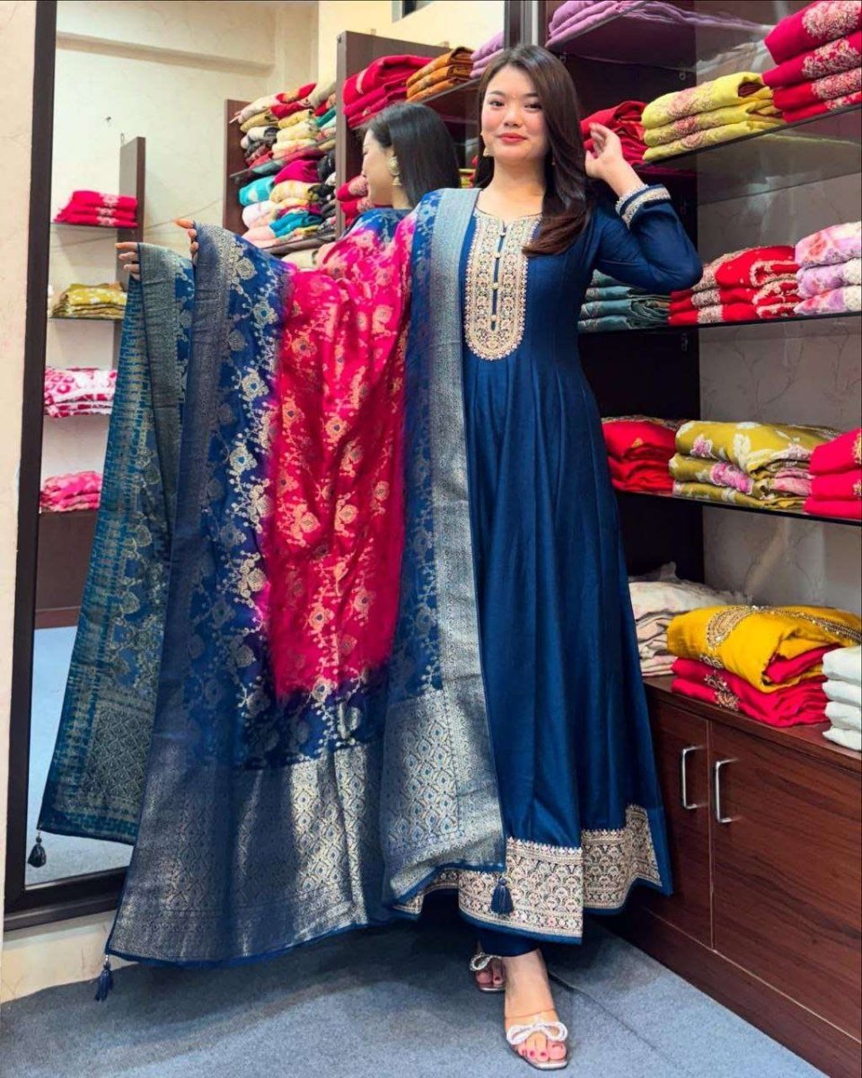 Blue Banarasi Silk Anarkali Gown Suit With Zari Work - 001FASHIONFORWARD