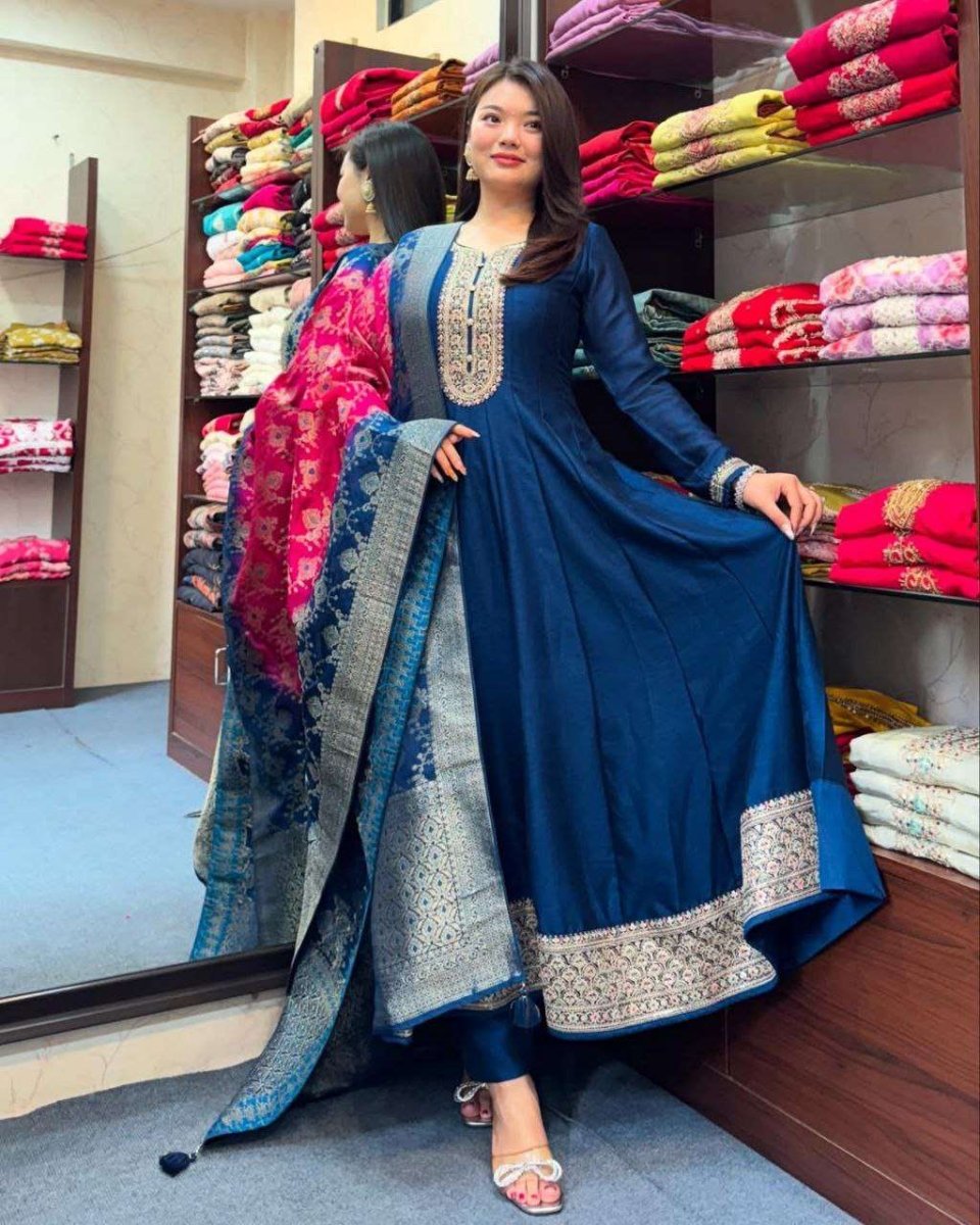Blue Banarasi Silk Anarkali Gown Suit With Zari Work - 001FASHIONFORWARD