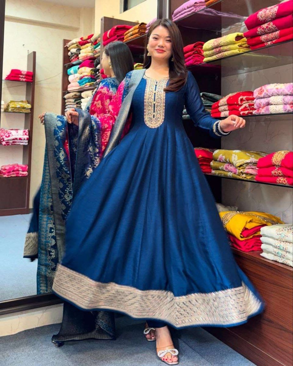 Blue Banarasi Silk Anarkali Gown Suit With Zari Work - 001FASHIONFORWARD
