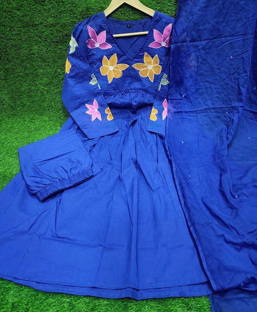 Blue Cotton Anarkali Flared gown full length Kurta Set with Malmal Dupatta - 001FASHIONFORWARD