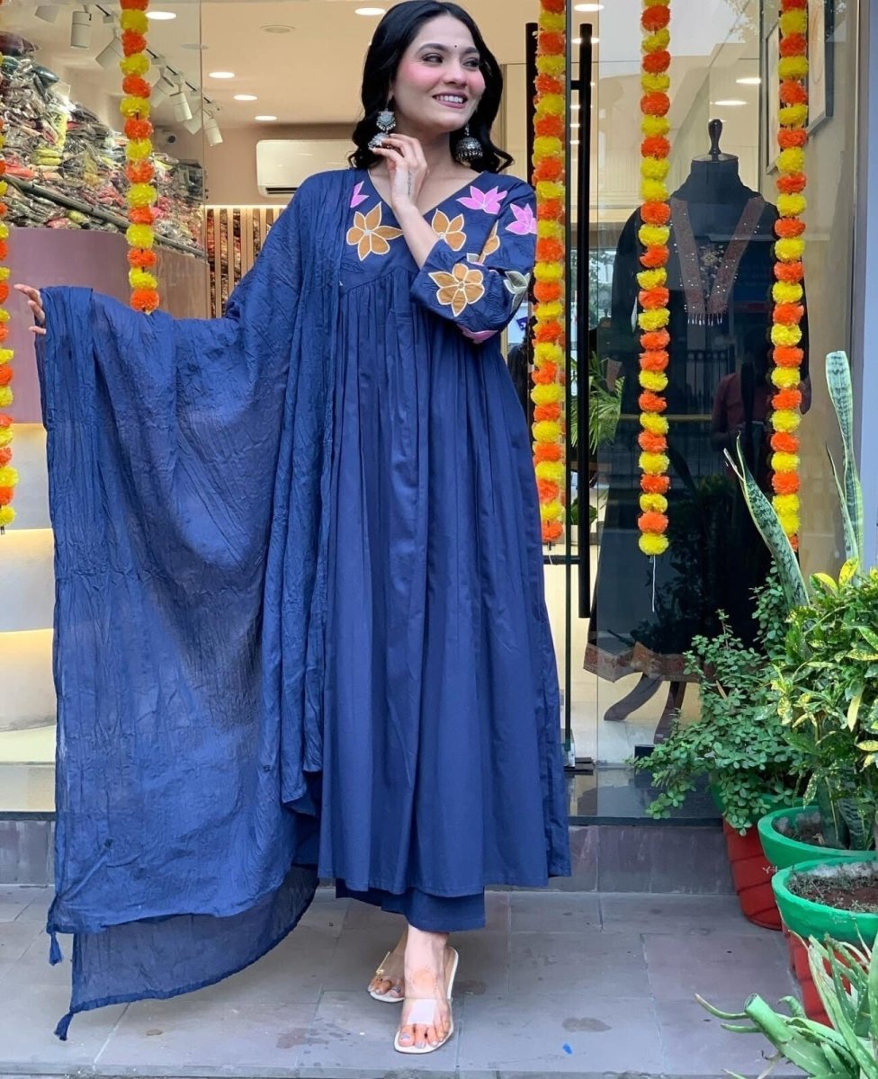 Blue Cotton Anarkali Flared gown full length Kurta Set with Malmal Dupatta - 001FASHIONFORWARD