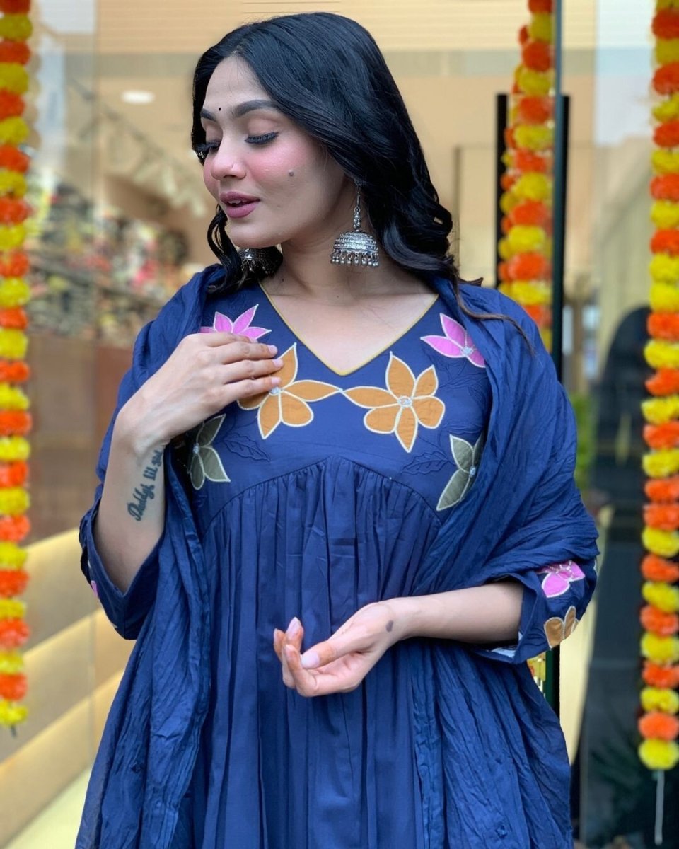 Blue Cotton Anarkali Flared gown full length Kurta Set with Malmal Dupatta - 001FASHIONFORWARD