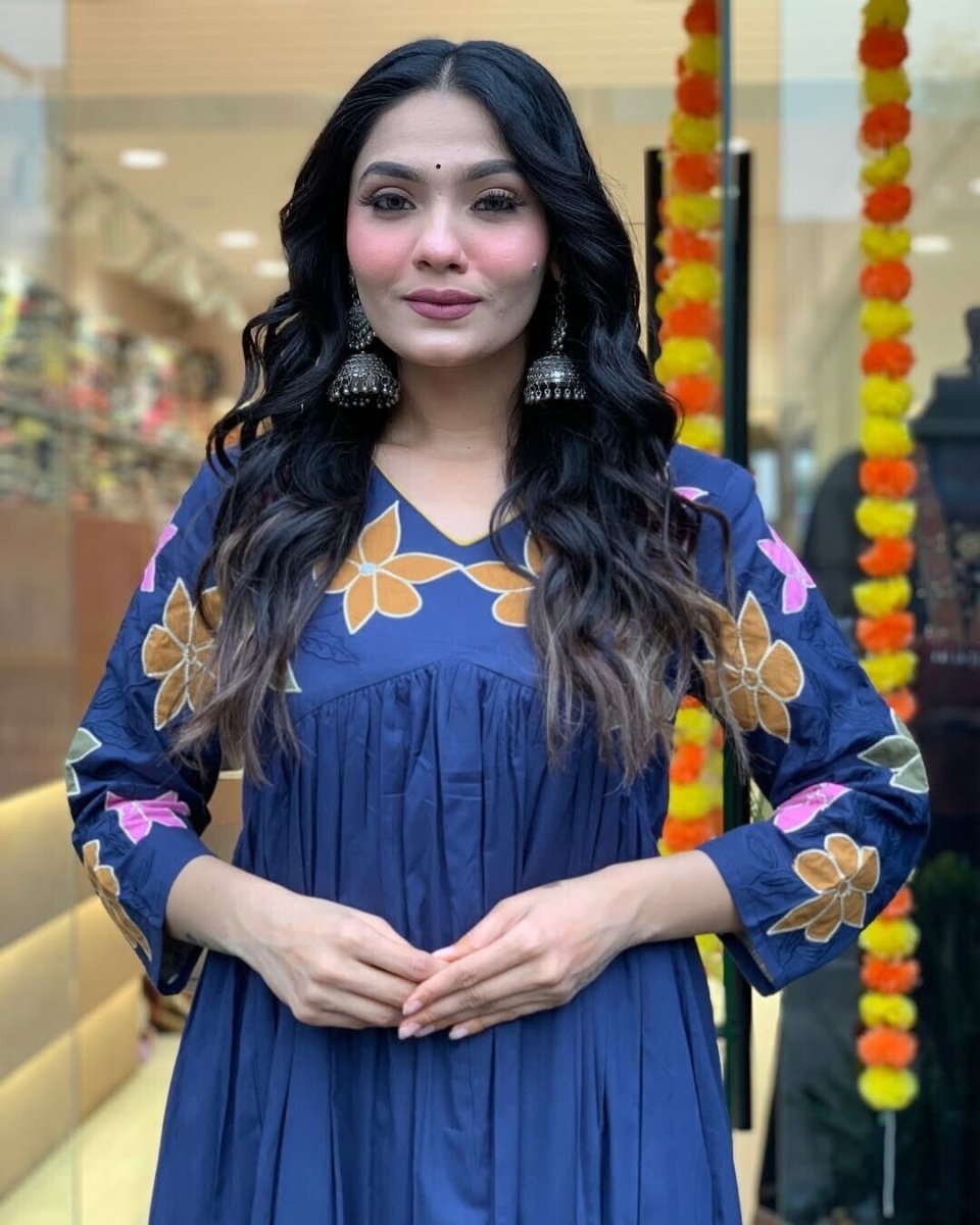 Blue Cotton Anarkali Flared gown full length Kurta Set with Malmal Dupatta - 001FASHIONFORWARD