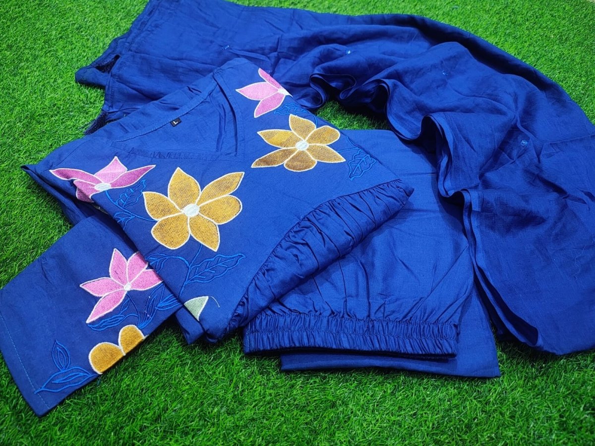 Blue Cotton Anarkali Flared gown full length Kurta Set with Malmal Dupatta - 001FASHIONFORWARD