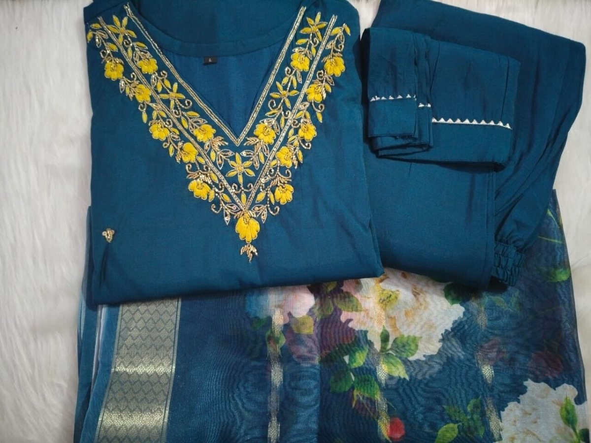 Blue Roman Silk Salwar kameez Pant Dupatta Set – Fully Stitched Festival Wear - 001FASHIONFORWARD