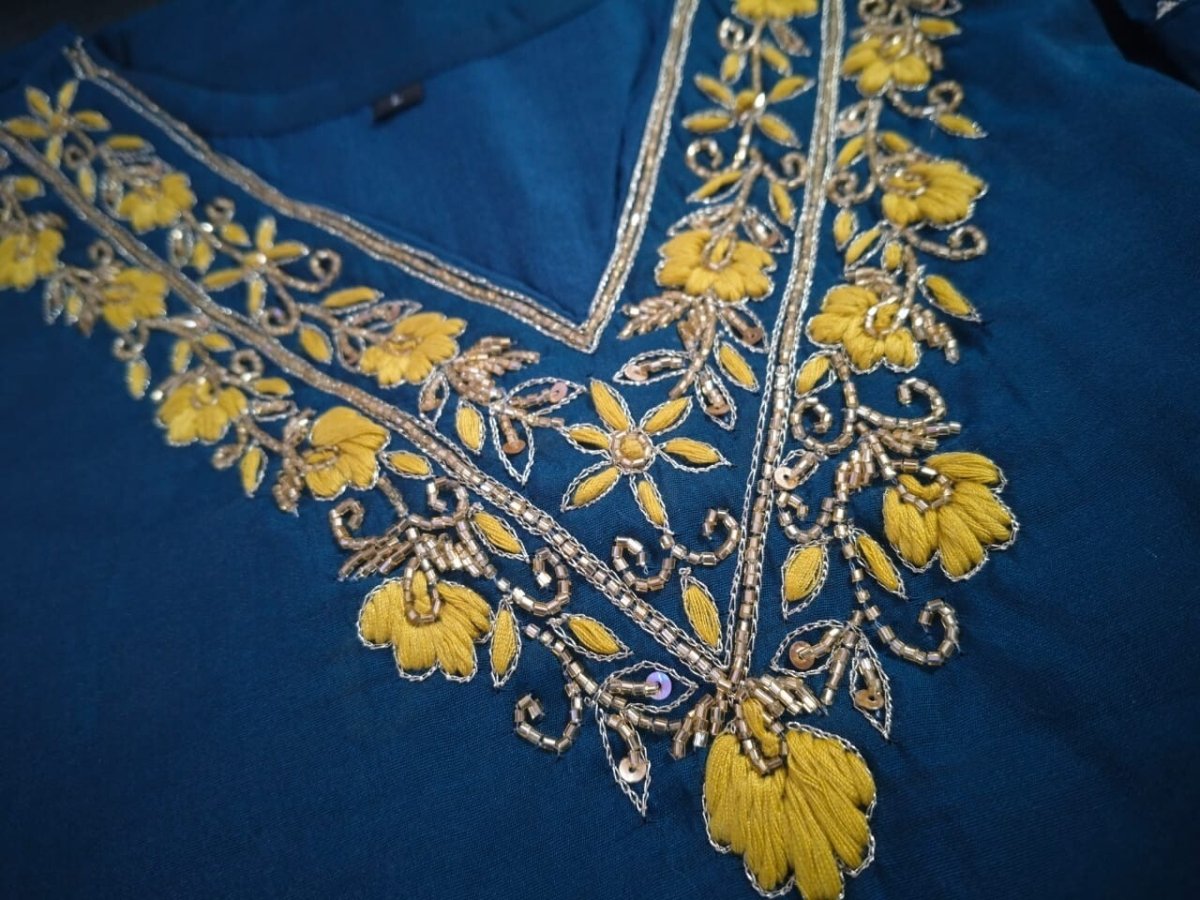 Blue Roman Silk Salwar kameez Pant Dupatta Set – Fully Stitched Festival Wear - 001FASHIONFORWARD