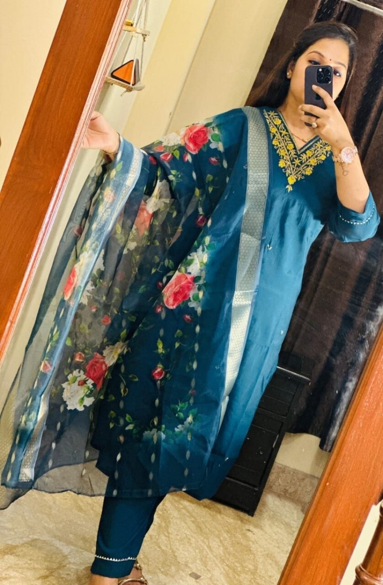 Blue Roman Silk Salwar kameez Pant Dupatta Set – Fully Stitched Festival Wear - 001FASHIONFORWARD