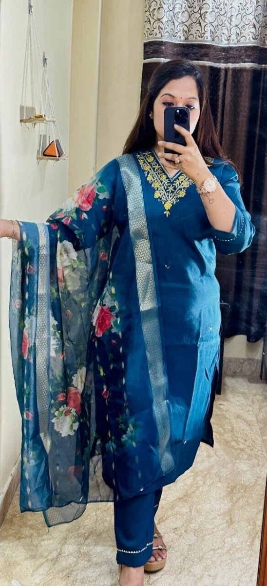 Blue Roman Silk Salwar kameez Pant Dupatta Set – Fully Stitched Festival Wear - 001FASHIONFORWARD
