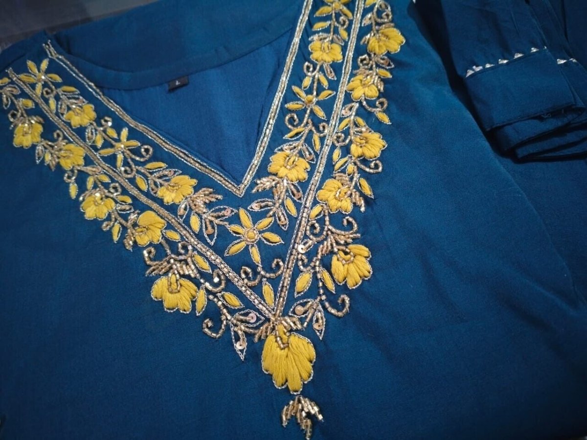 Blue Roman Silk Salwar kameez Pant Dupatta Set – Fully Stitched Festival Wear - 001FASHIONFORWARD