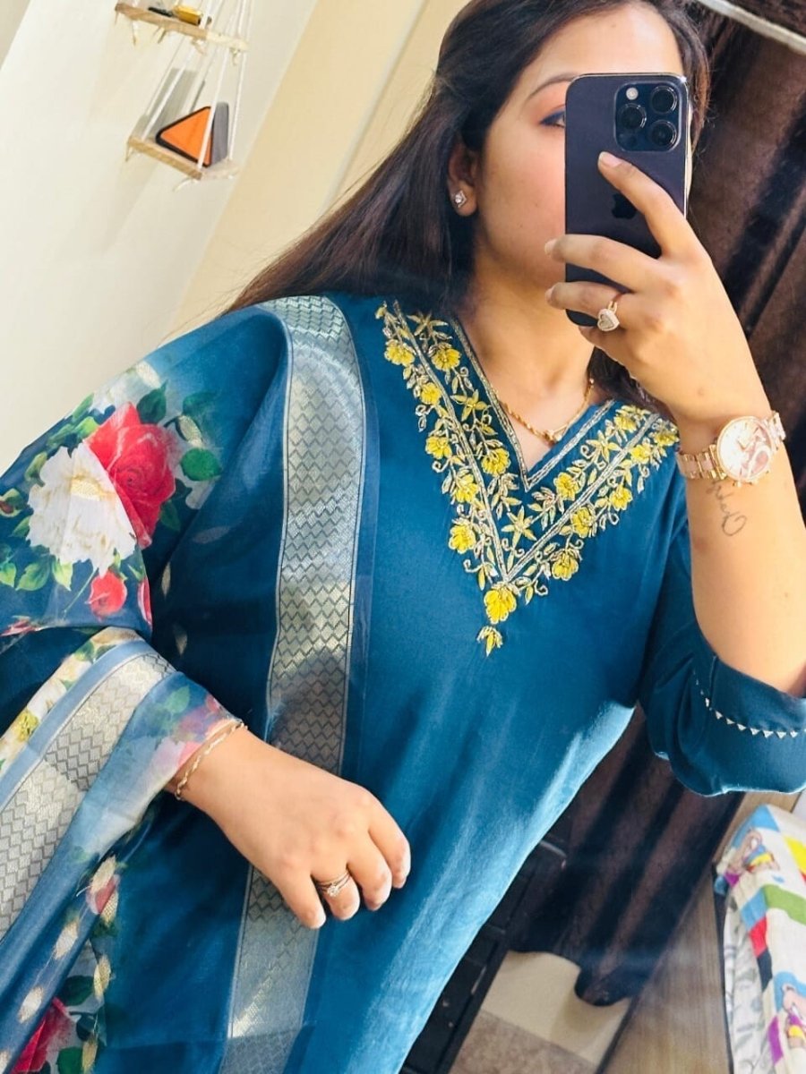 Blue Roman Silk Salwar kameez Pant Dupatta Set – Fully Stitched Festival Wear - 001FASHIONFORWARD