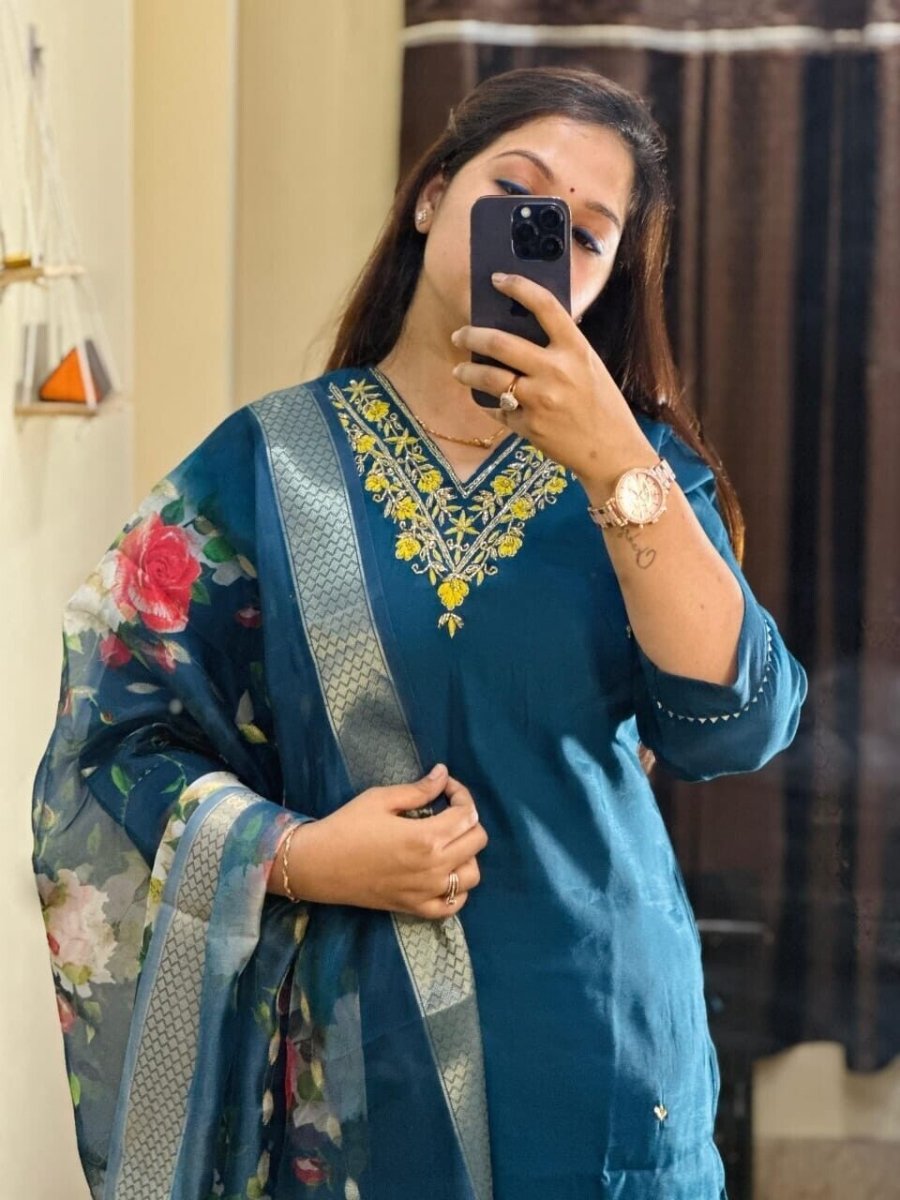 Blue Roman Silk Salwar kameez Pant Dupatta Set – Fully Stitched Festival Wear - 001FASHIONFORWARD