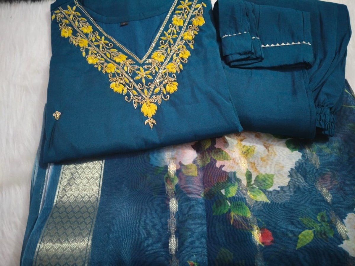Blue Roman Silk Salwar kameez Pant Dupatta Set – Fully Stitched Festival Wear - 001FASHIONFORWARD