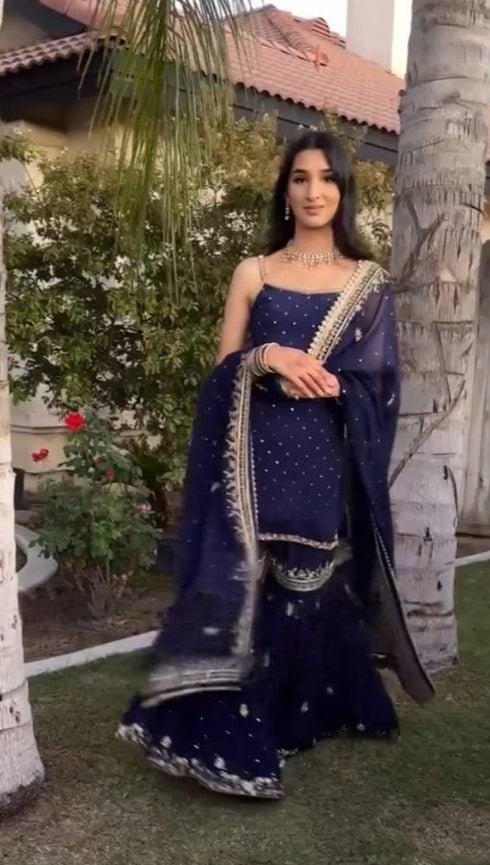 Blue Sharara Suit With Moti Work And Sequin Embroidery - 001FASHIONFORWARD