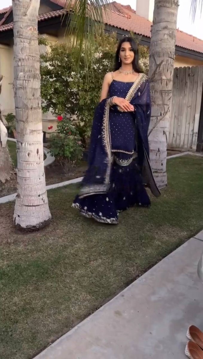 Blue Sharara Suit With Moti Work And Sequin Embroidery - 001FASHIONFORWARD