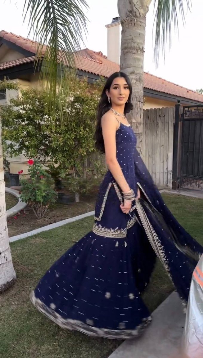 Blue Sharara Suit With Moti Work And Sequin Embroidery - 001FASHIONFORWARD