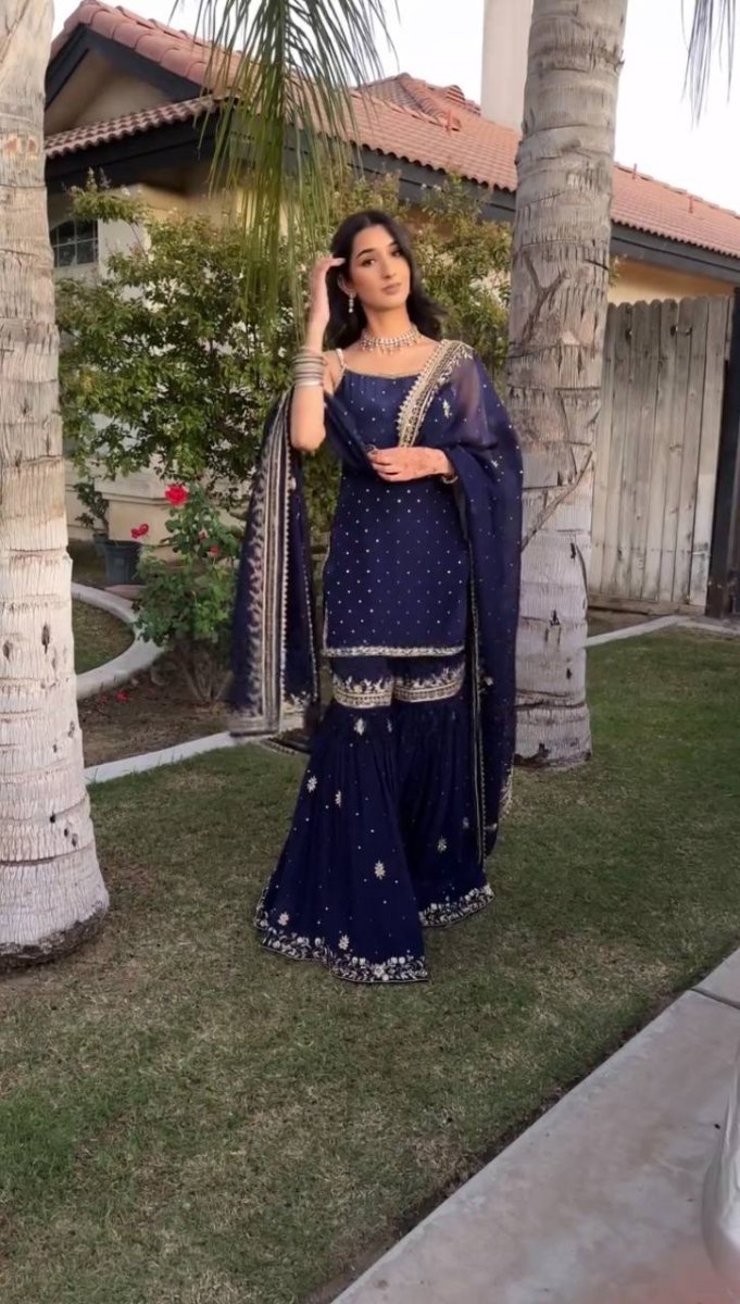 Blue Sharara Suit With Moti Work And Sequin Embroidery - 001FASHIONFORWARD