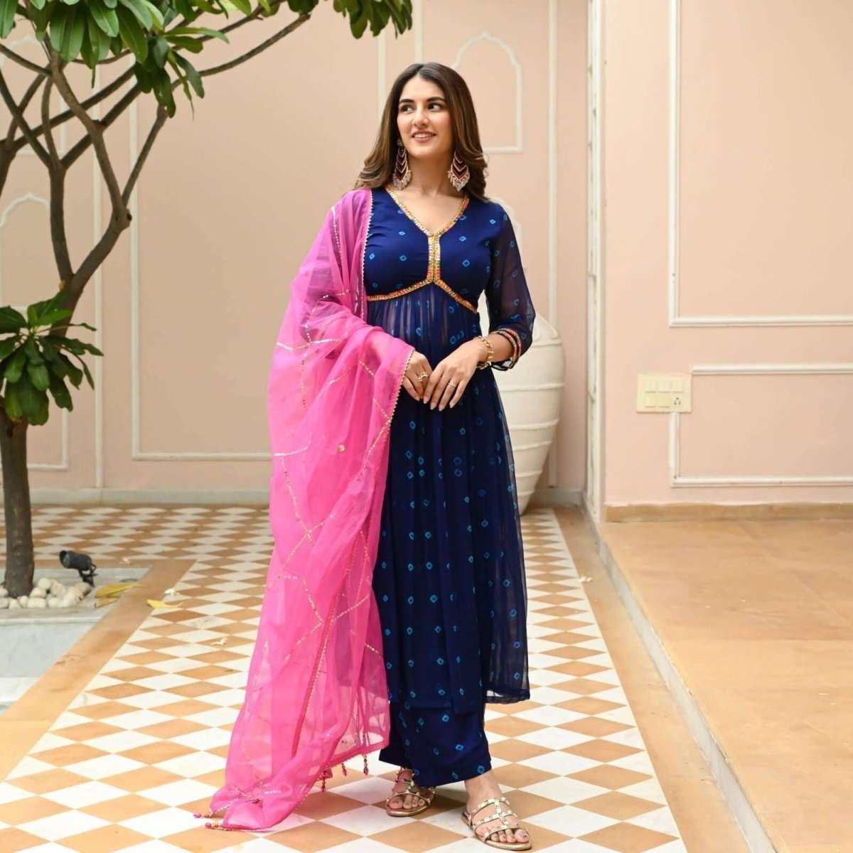 Bollywood Blue Anarkali Suit Set with Dupatta Graceful Indian Ethnic Wear Cotton - 001FASHIONFORWARD