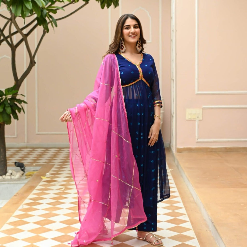 Bollywood Blue Anarkali Suit Set with Dupatta Graceful Indian Ethnic Wear Cotton - 001FASHIONFORWARD