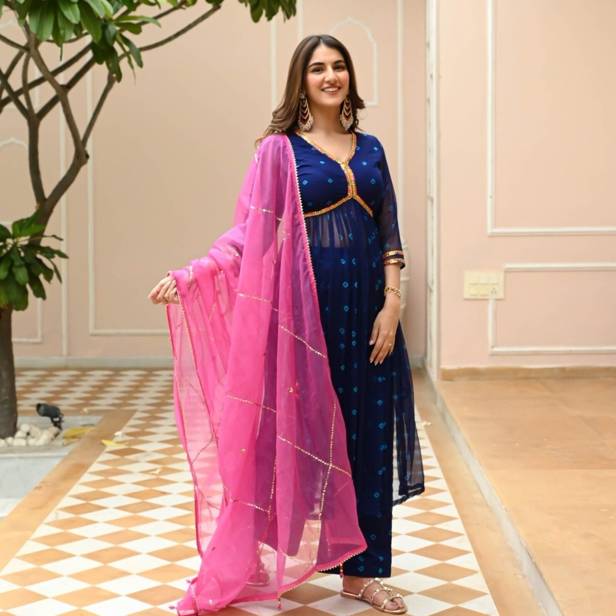 Bollywood Blue Anarkali Suit Set with Dupatta Graceful Indian Ethnic Wear Cotton - 001FASHIONFORWARD
