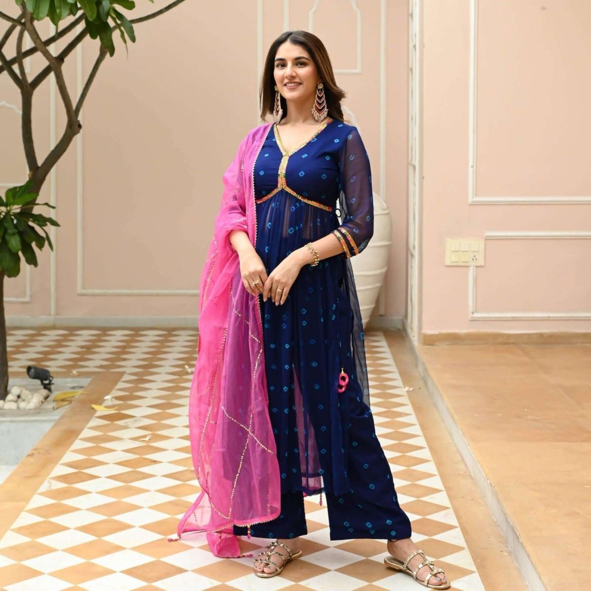 Bollywood Blue Anarkali Suit Set with Dupatta Graceful Indian Ethnic Wear Cotton - 001FASHIONFORWARD