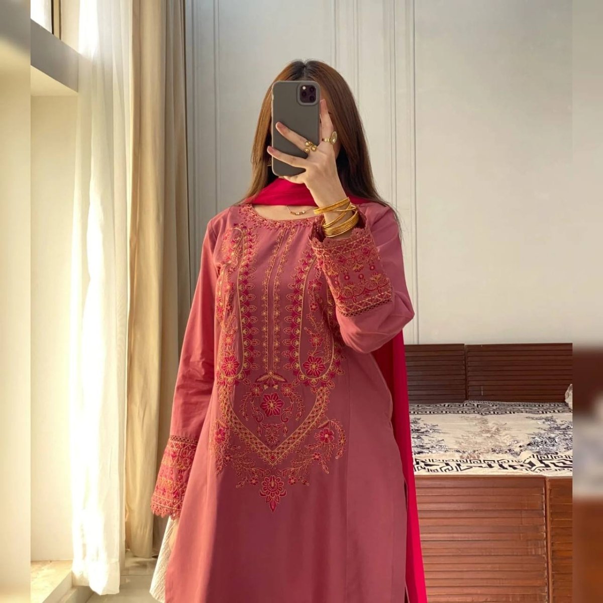 Bronze Roman Silk Salwar Kameez Suit With Lace Detailing & Embroidery - 001FASHIONFORWARD