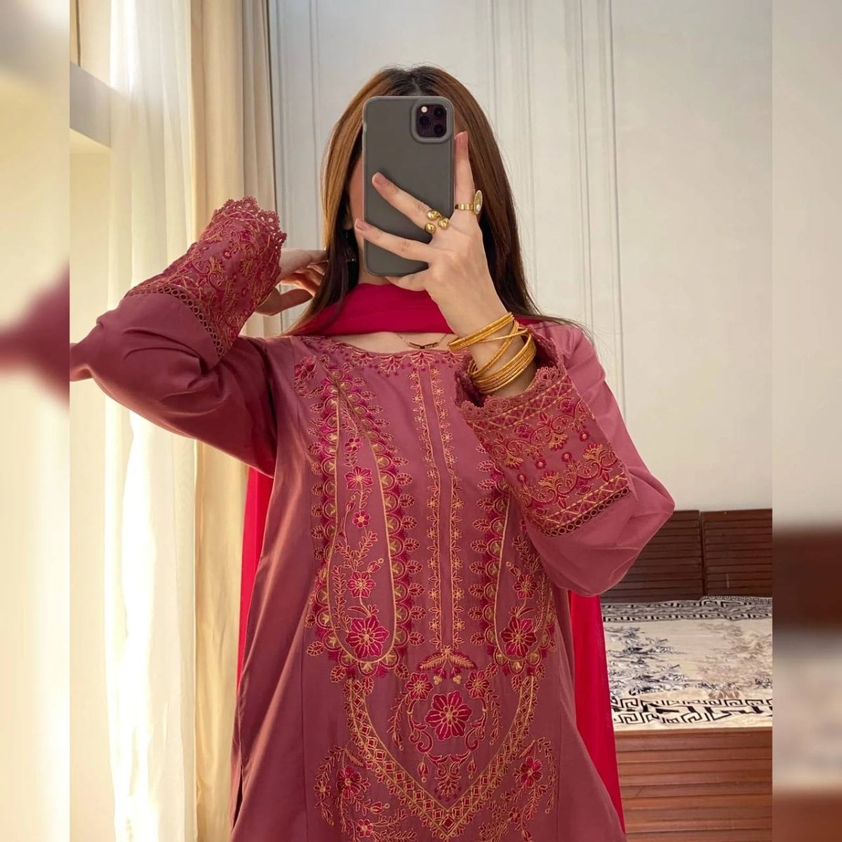 Bronze Roman Silk Salwar Kameez Suit With Lace Detailing & Embroidery - 001FASHIONFORWARD