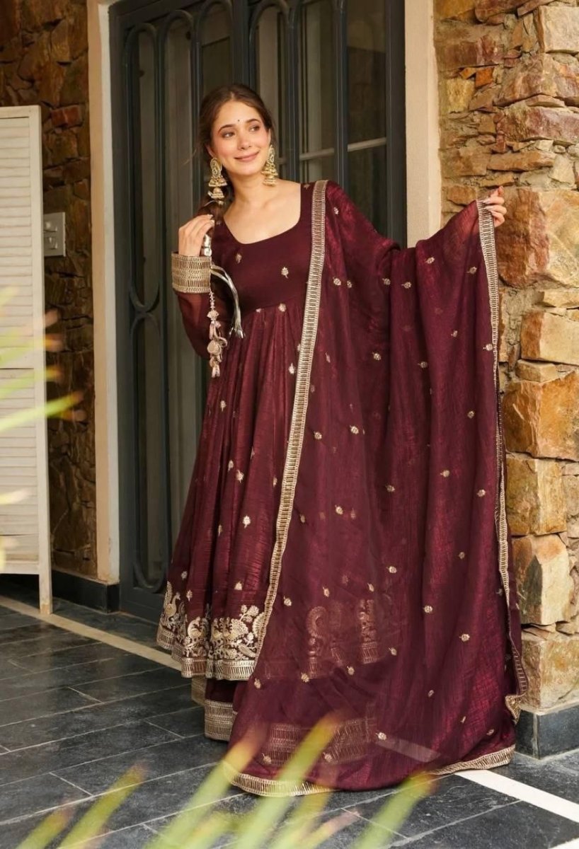 Brown Anrakali Gown & Sharara Combo Suit With Sequence Embroidery And lace Work - 001FASHIONFORWARD