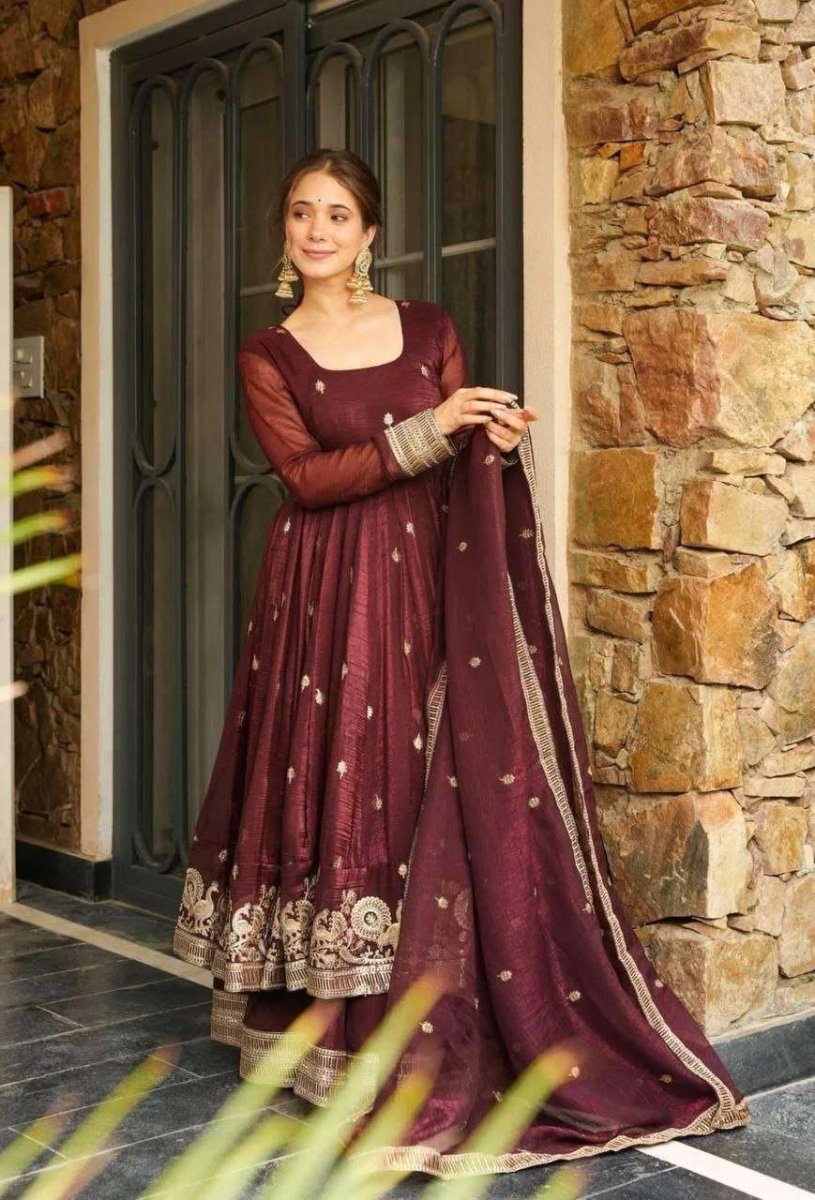 Brown Anrakali Gown & Sharara Combo Suit With Sequence Embroidery And lace Work - 001FASHIONFORWARD
