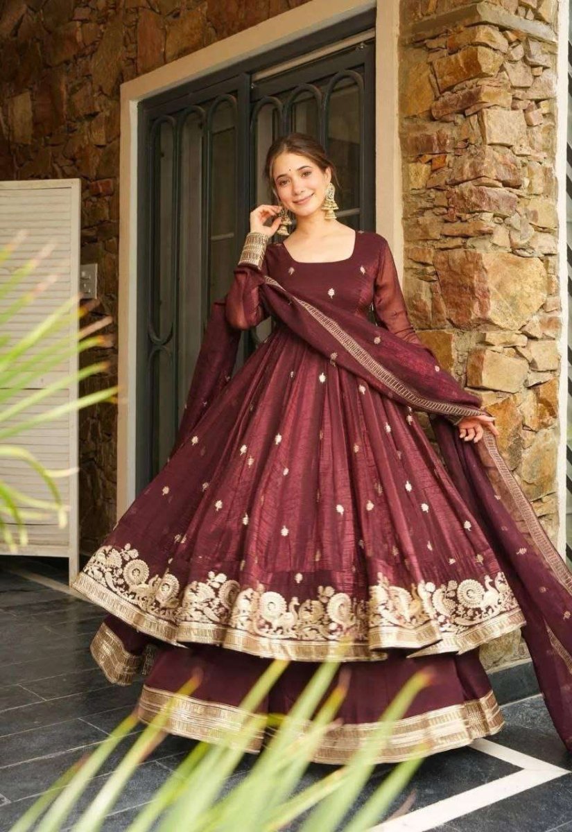 Brown Anrakali Gown & Sharara Combo Suit With Sequence Embroidery And lace Work - 001FASHIONFORWARD