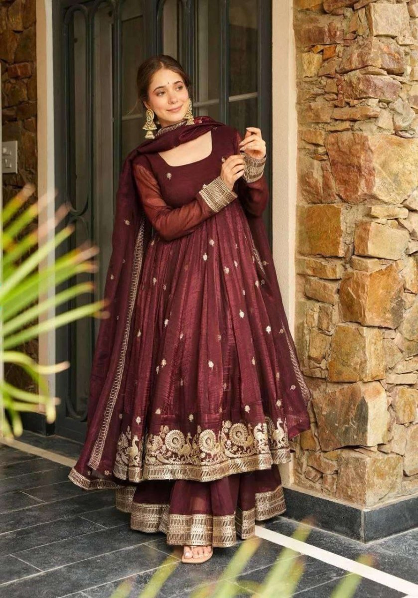 Brown Anrakali Gown & Sharara Combo Suit With Sequence Embroidery And lace Work - 001FASHIONFORWARD