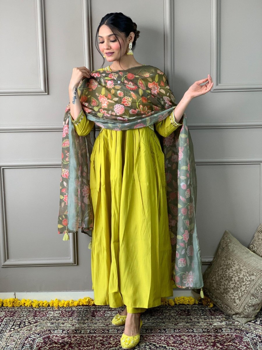 Chanderi Jacquard Zari Work Suit with Net Dupatta – Flared anarkali gown - 001FASHIONFORWARD